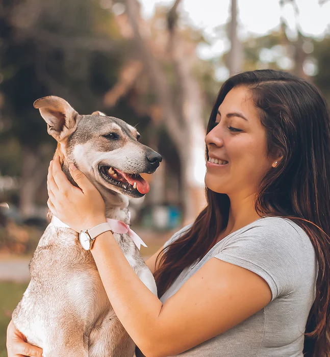 A pet parent hugging her golden retriever in a sunlit living room